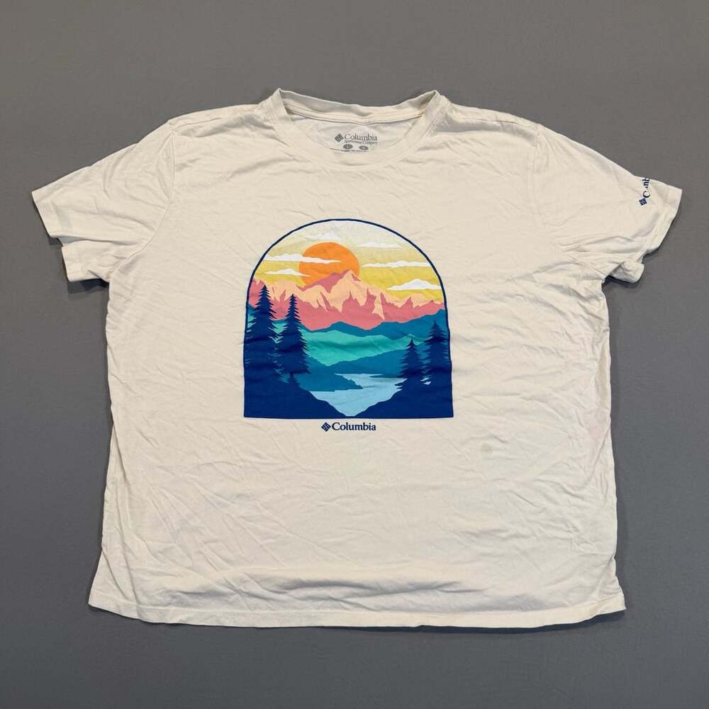 Columbia Graphic Mountain Sunset T-Shirt womens Size L Off White